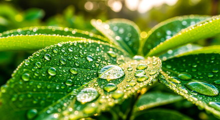 Close up of green leaves covered in water droplets in the morning light  , ai generated image