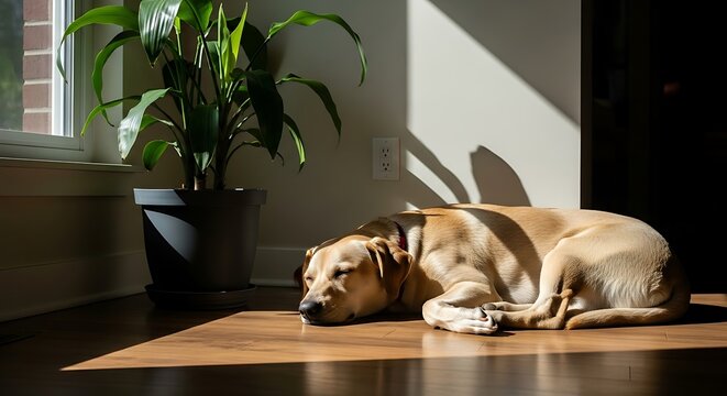 Light Brown Dog Sleeping on Hardwood Floor Near Potted Plant in Sunlit Room