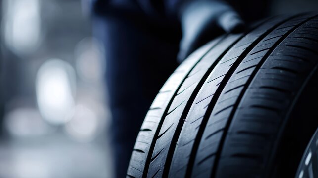 Tire at car repair service garage background, mechanic replacing wheel for seasonal change, automotive maintenance concept