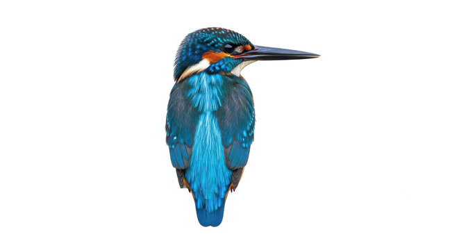 Close up profile of a vibrant blue and orange common kingfisher bird perched and looking to the right isolated on transparent background - Powered by Adobe