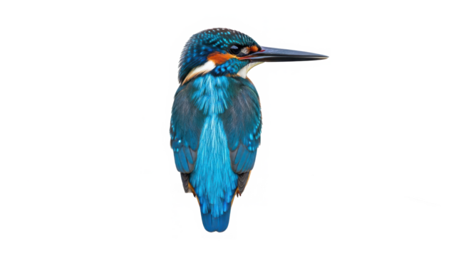 Close up profile of a vibrant blue and orange common kingfisher bird perched and looking to the right isolated on transparent background