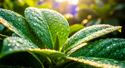 Close up of green leaves covered in water droplets in the morning sunlight , ai generated image
