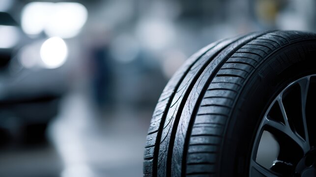 Tire at car repair service garage background, mechanic replacing wheel for seasonal change, automotive maintenance concept - Powered by Adobe