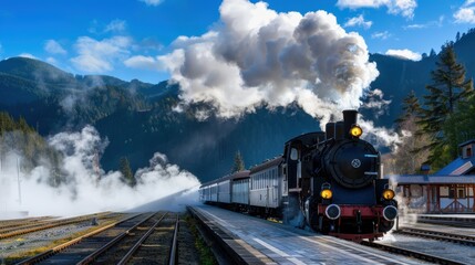 Vintage steam train arriving at picturesque station with smoke and mountains in background during bright and sunny day