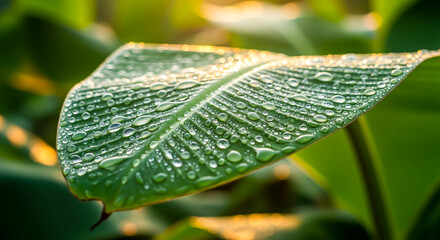 Closeup of a green leaf covered in water droplets in the sunlight  , ai generated image