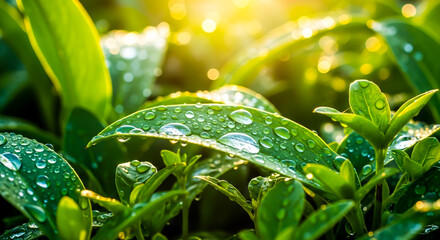 Close up of green leaves covered in water droplets in the morning sunshine , ai generated image