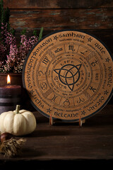Wheel of the Year Autumn Still Life with Pumpkin, Candle and Heather on Rustic Table