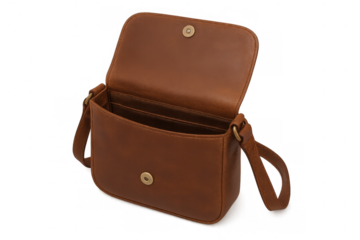 Brown leather women's shoulder bag with open flap showing empty interior compartments, fashion accessory on transparent background