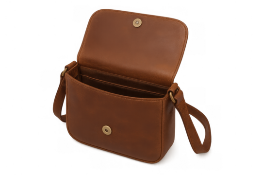 Brown leather women's shoulder bag with open flap showing empty interior compartments, fashion accessory on transparent background