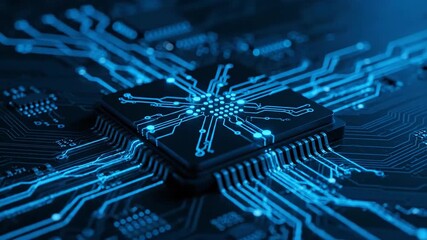 Closeup of a computer chip with glowing blue circuits symbolizing advanced technology and digital innovation. - Powered by Adobe