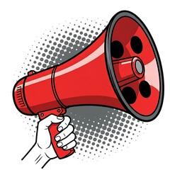 Hand holding a red megaphone announcing loudly