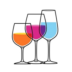 Three glasses filled with colorful drinks lined up