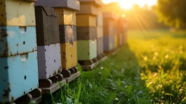 Colorful beehives in a sunlit field. The scene captures the warmth of sunset illuminating the hives surrounded by green grass.