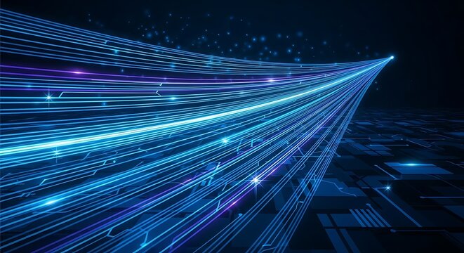 Abstract digital data stream flowing with glowing lines against black background