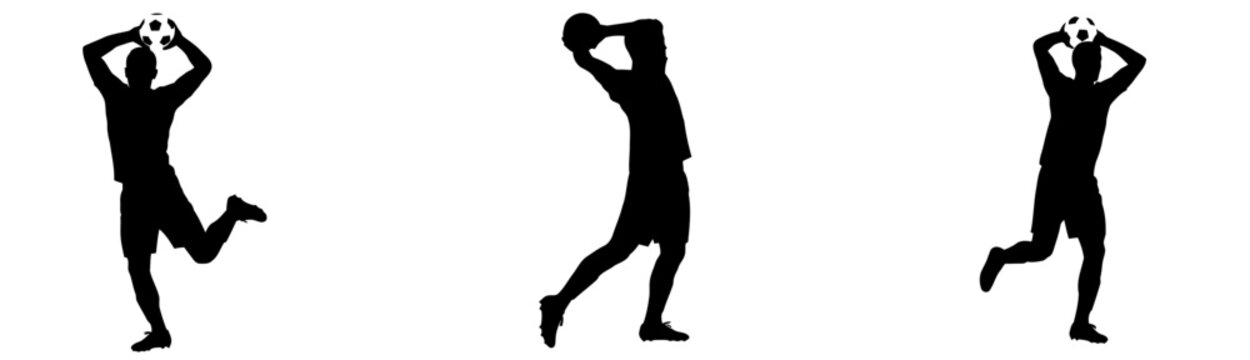 Dynamic soccer throw-in silhouette, showcasing athletic skill and power for sports marketing or fitness campaigns, athletic man throwing ball overhead