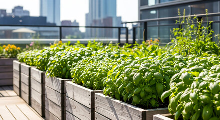 Urban rooftop garden with rows of basil plants in wooden planters , ai generated image