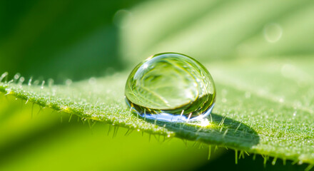 Water droplet on a green leaf reflecting the surrounding environment beautifully , ai generated image