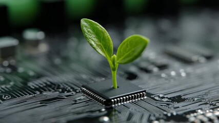 Tech and Nature Fusion: A striking juxtaposition of nature and technology. a fresh green sprout emerges from the heart of a circuit board. symbolizing growth and environmental harmony. - Powered by Adobe