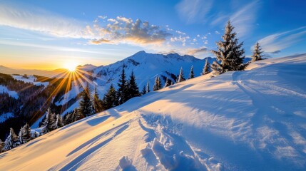 Majestic Mountain Landscape at Sunrise with Snow-Covered Terrain and Evergreen Trees in the Alpine Region
