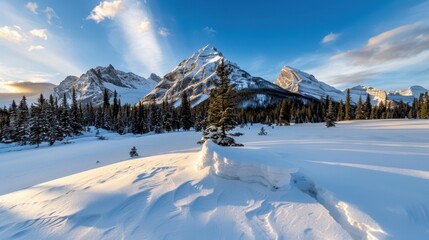 Fototapeta premium Majestic Snow-Capped Mountains Under Blue Sky with Pine Trees in Winter Wonderland Landscape