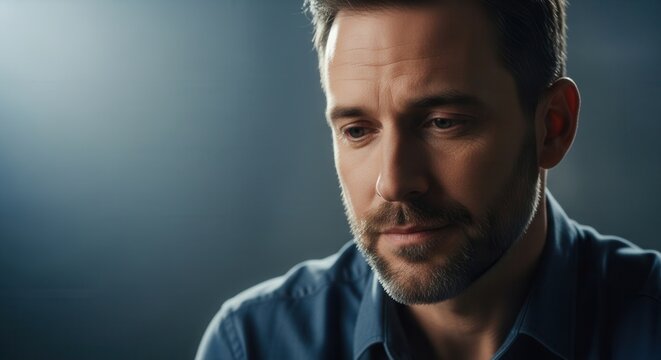 A man with a serious expression is deep in thought, set against a soft-focus background. The mood is introspective and reflective, ideal for themes of contemplation.