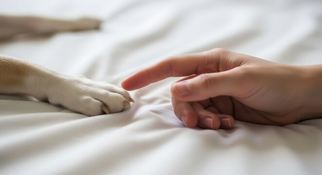 Human Hand Touching Dog Paw on Bed in Soft Lighting