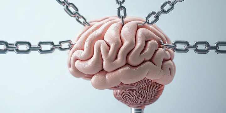 legal intellectual property strategy concept. Representation of a brain constrained by chains symbolizing restriction.