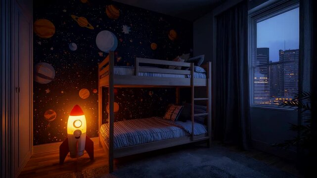 Cozy children&rsquo;s bedroom with glowing rocket nightlight, space-themed wall art, bunk bed, and peaceful city skyline visible through the window at dusk