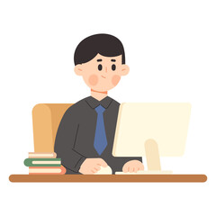 Flat design illustration of a young man working at a computer. Working spaces concept. Flat cartoon character vector illustration