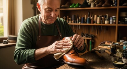 A skilled craftsman carefully polishes a leather shoe in his workshop, surrounded by tools and materials, showcasing dedication to quality craftsmanship.