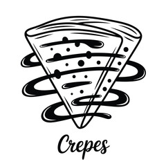 Hand drawn illustration of a delicious sweet crepe with chocolate drizzle and powdered sugar