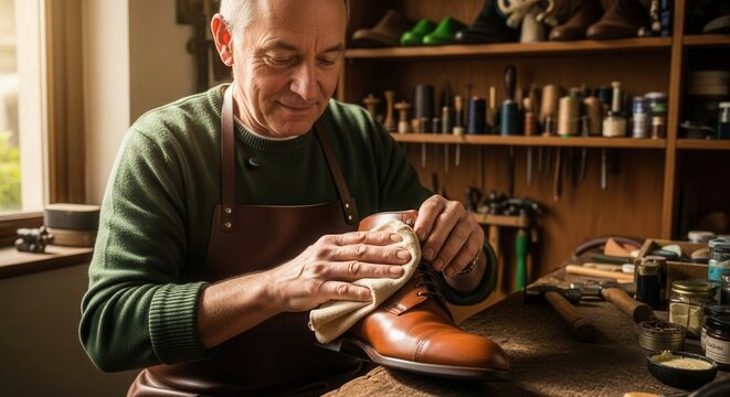 A skilled craftsman carefully polishes a leather shoe in his workshop, surrounded by tools and materials, showcasing dedication to quality craftsmanship.