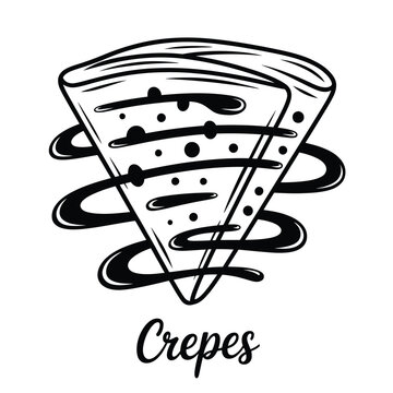 Hand drawn illustration of a delicious sweet crepe with chocolate drizzle and powdered sugar