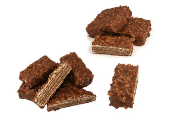 Chocolate coconut wafer bar isolated on white background.