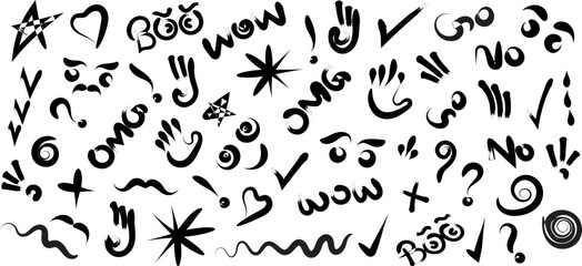 Hand Drawn Brush Stroke Doodle Element Set — Black Grunge Vector, Ink, Sketch, Comic, Emotion, OMG, Wow, Check Mark, Star, Swirl, Scribble