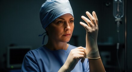 A focused female surgeon puts on gloves in a dimly lit operating room, ready for a surgical procedure. The atmosphere is serious and professional.