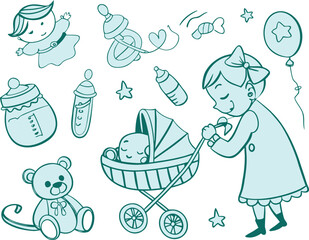Seamless cartoon doodle vector illustration set of baby boy and girl toy icons for newborn shower card design