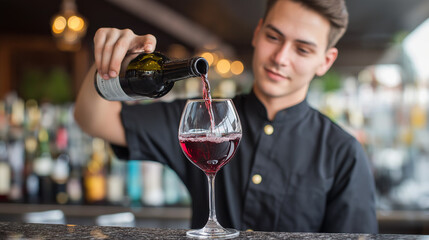 Waiter Pouring Red Wine Against Bar Background