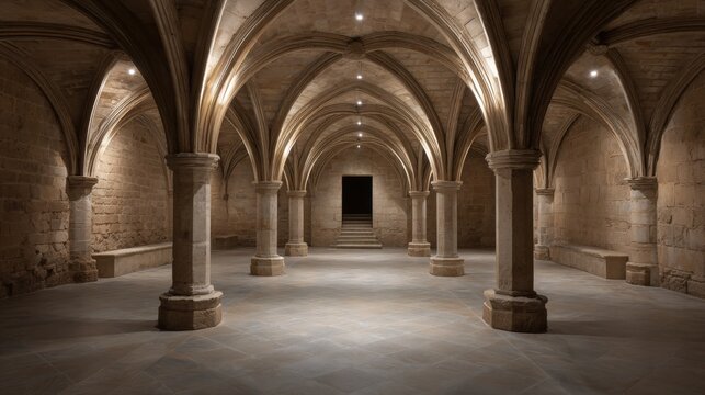 Mysterious gothic underground crypt with arched columns for historical architecture and ancient design inspiration