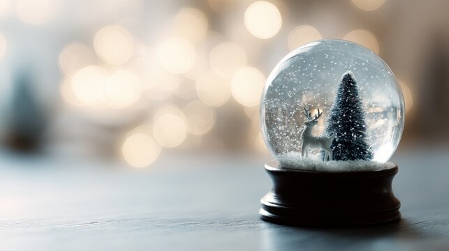 Christmas snow globe with deer and pine tree, warm cozy winter decoration, holiday decor concept, space for text