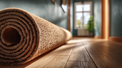 Cozy Beige Carpet Roll on Wooden Floor