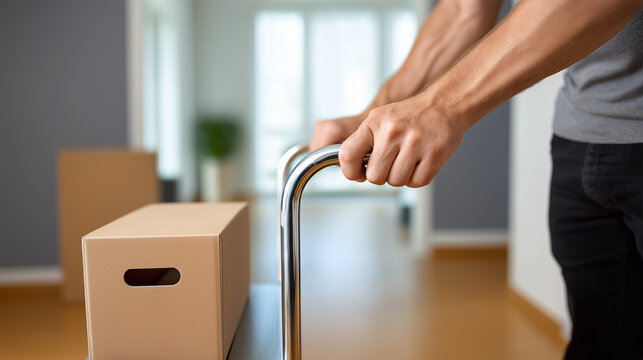 Man pushing handcart with cardboard boxes indoors