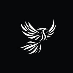 White Phoenix Bird Rising With Spread Wings On Black Background Design