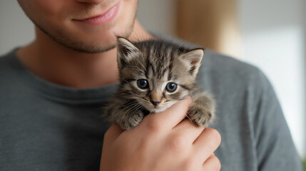 Man holding kitten against blurred background