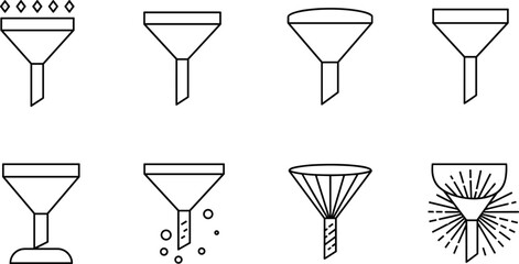 Data funnel icon collection, process filter symbol, business analytics flow, digital marketing conversion concept, information management illustration, outline vector design