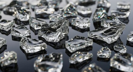 Clear decorative glass pieces are scattered across a dark reflective surface creating an elegant and modern abstract background that suggests luxury and sophistication with its clean lines and crysta