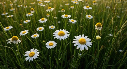 Fototapeta premium Gentle camomile blossoms blanket a sun-drenched meadow, evoking the serene and peaceful essence of a perfect summer day ,beautiful ,field ,outdoors