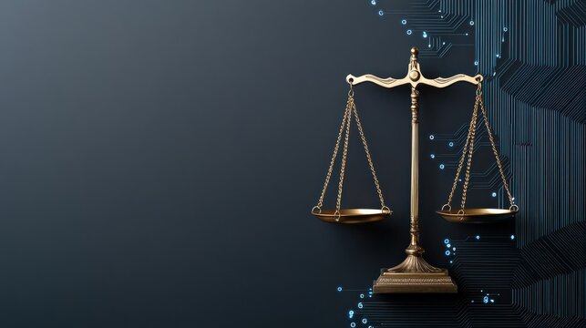 legal intellectual property strategy concept. Scales of justice with a modern, digital background design.