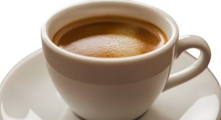 Close up of a hot cup of espresso coffee with crema on a white saucer