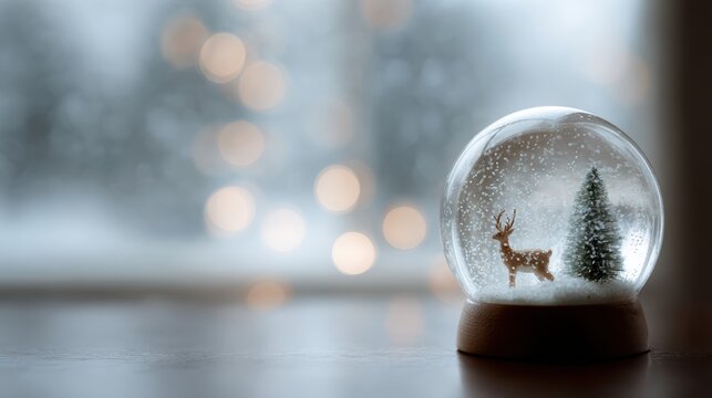 Christmas snow globe with deer and pine tree, warm cozy winter decoration, holiday decor concept, space for text - Powered by Adobe